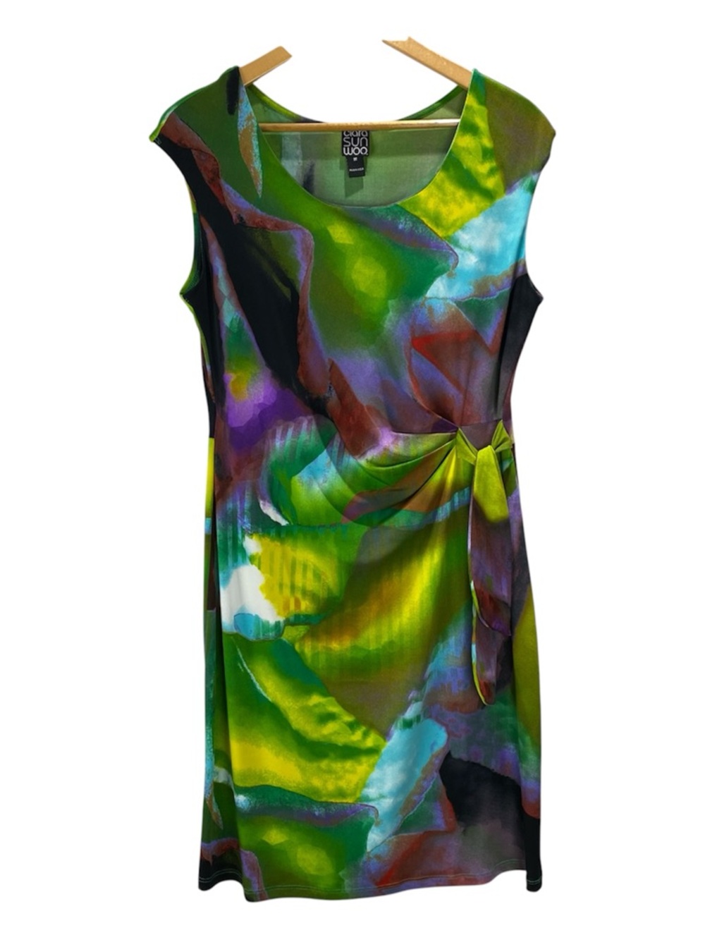 Ciara Sun Woo Midi Dress Size M Green Multi Wavy Print Ptp 18” Colorful Vibrant